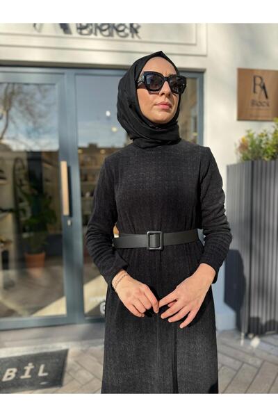 Almarwah Black Μαύρο γυναικείο φόρεμα - με σχέδιο Houndstooth και ζώνη