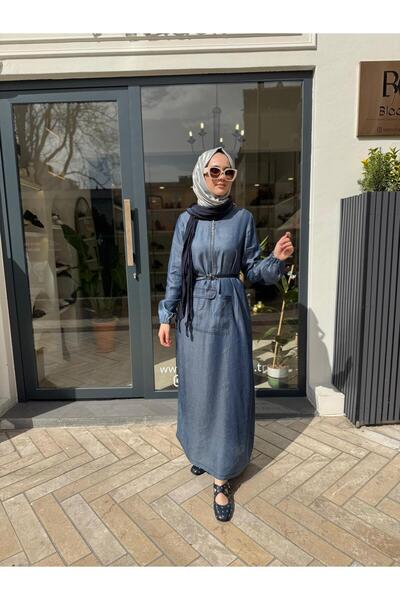 MissWhence Zippered Pocket Detailed Denim Women's Dress Navy Blue