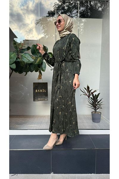 MissWhence Green Silk Dress - Printed Pleat and Zipper Detail