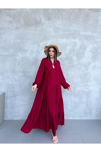 Att Attstil Summer Burgundy Folded Casual Dress with Lace Detail on the Front
