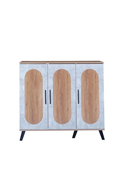 Generic Malaysian Wooden Shoe Cabinet, 5 Shelves, 3 Doors – Wood with Gray