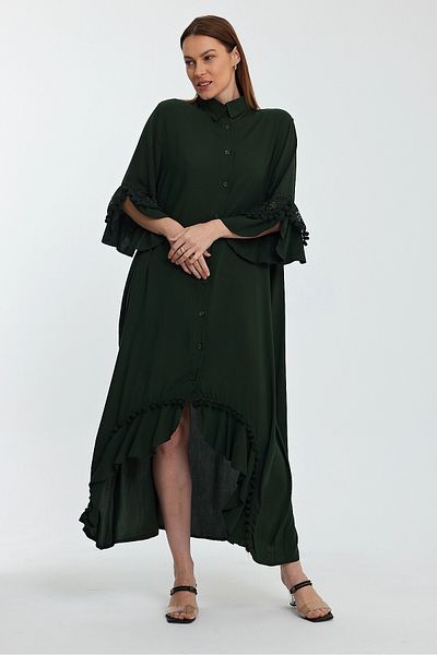 bacc Maxi Size Khaki Guipure Detailed Woven Viscon Dress Bcvl-25S50