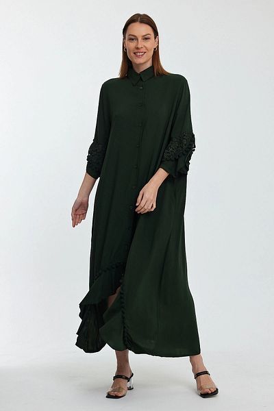 bacc Maxi Size Khaki Guipure Detailed Woven Viscon Dress Bcvl-25S50
