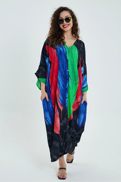 bacc Blue-Green V-Neck Digital Printed Women's Long Dress Bcvl-24945