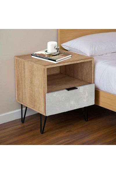 Generic Bedside Table with Storage Drawer – Malaysian Wood in Wooden and Gray Color