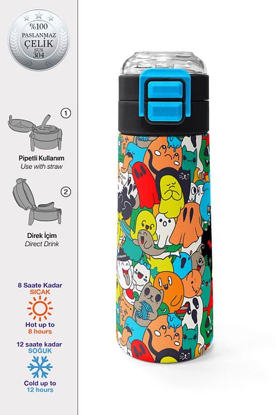 Coral High Kids Navy Blue Colored Striped Patterned Straw and Direct Drinking Steel Thermos 500 ml 31990