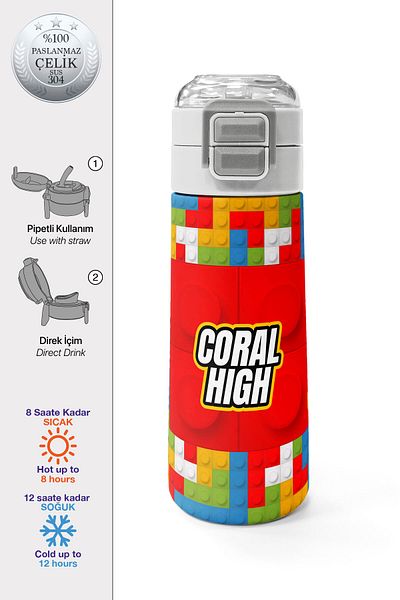 Coral High Kids Block Patterned Straw and Direct Drinking Steel Thermos 500 ml 31991