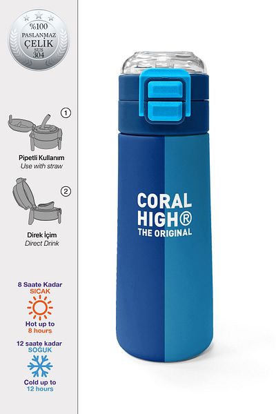 Coral High Kids Navy Blue Striped Straw and Direct Drinking Steel Thermos 500 ml 31997