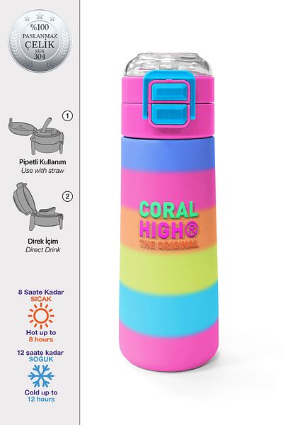 Coral High Kids Colorful Striped Stainless Steel Thermos with Straw and Pole 500 ml 31986