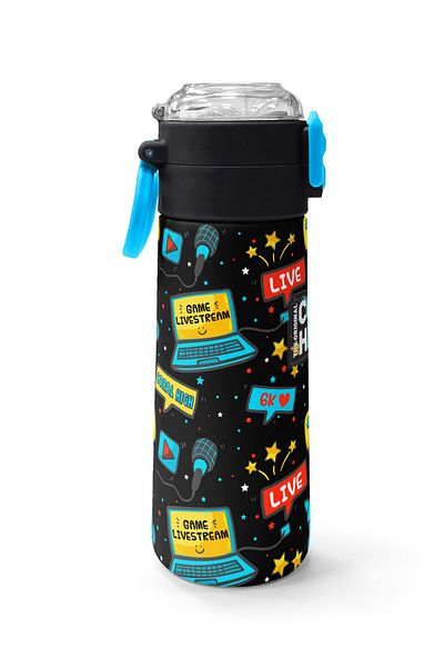 Coral High Kids Black Blue Gamer Patterned Steel Thermos with Straw and Direct Drinking 500 ml