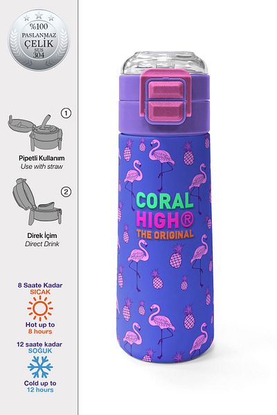 Coral High Kids Lavender Pink Flamingo Patterned Straw and Direct Drinking Steel Thermos 500 ml 31905