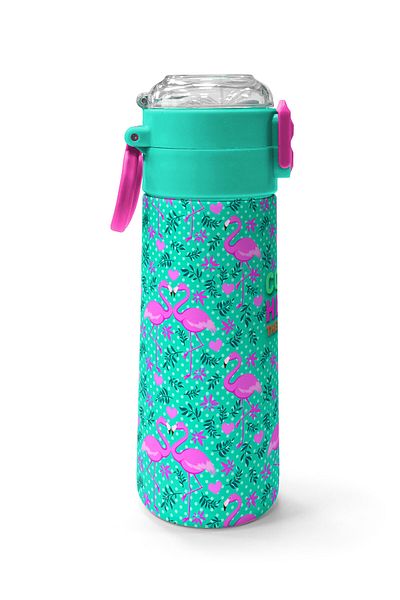 Coral High Kids Water Green Pink Flamingo Patterned Steel Thermos with Straw and Direct Drinking 500 ml 31926