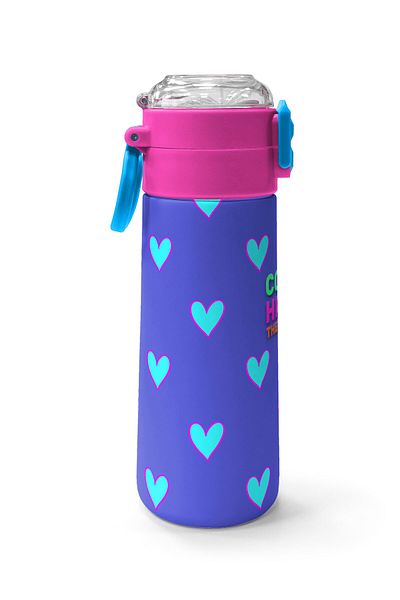 Coral High Kids Lavender Pink Heart Patterned Straw and Direct Drinking Steel Thermos 500 ml 31922