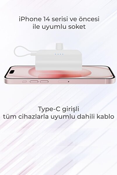 woyax Iphone Soketli Mini Beyaz Powerbank 5000mah Type-c Kablolu Taşınabilir Batarya Lightning Beyaz Renk