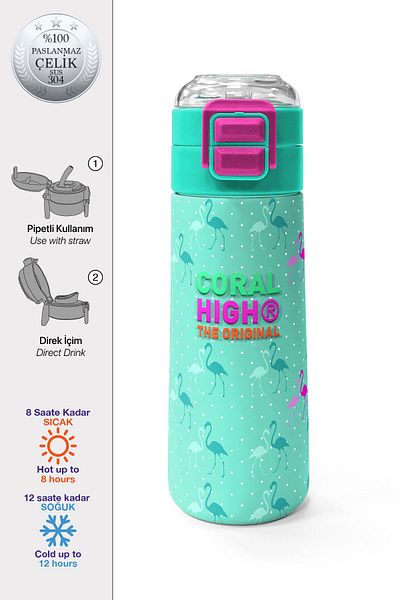 Coral High Kids Water Green Neon Pink Flamingo Patterned Steel Thermos with Straw and Direct Drinking 500 ml 31904