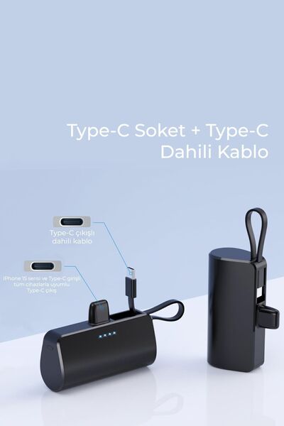 woyax By Deji Type-c Soketli Mini Siyah Powerbank 5000mah 2 Type-c Port Dahili Kablolu Taşınabilir Batarya