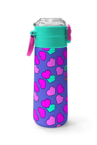Coral High Kids Lavender Pink Heart Patterned Straw and Direct Drinking Steel Thermos 500 ml 31910