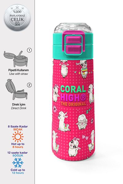 Coral High Kids Neon Coral Aqua Green Alpaca Patterned Steel Thermos with Straw and Direct Drinking 500 ml 31914