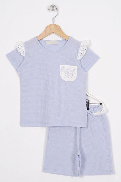 zepkids Set pantaloni scurți pentru fetiță - Detaliu de buzunar cu garnitură, Culoare Baby Blue