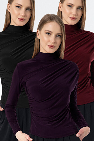 VODENS بلوزة ساندي ذات ياقة واقفة ومزينة برباط باللون الأسود والبورجوندي مكون...