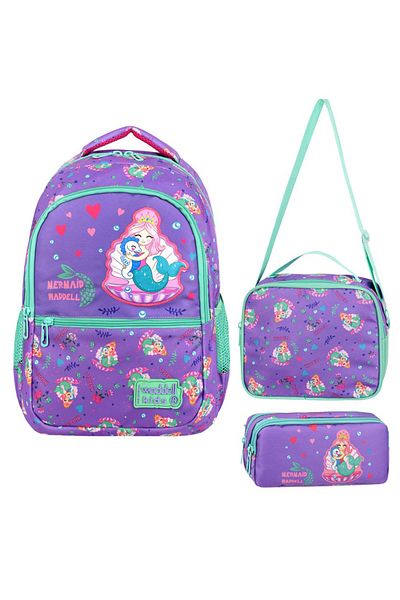 KAFF Purple Mermaid Patterned Bag Nutrition Pen Holder Girl's Set of 3 Primary School Bag