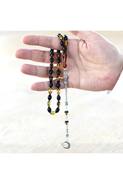 Tesbihane Ayyıldız Kararmaz Metal Püsküllü Arpa Kesim Bala-siyah Ateş Kehribar Tesbih