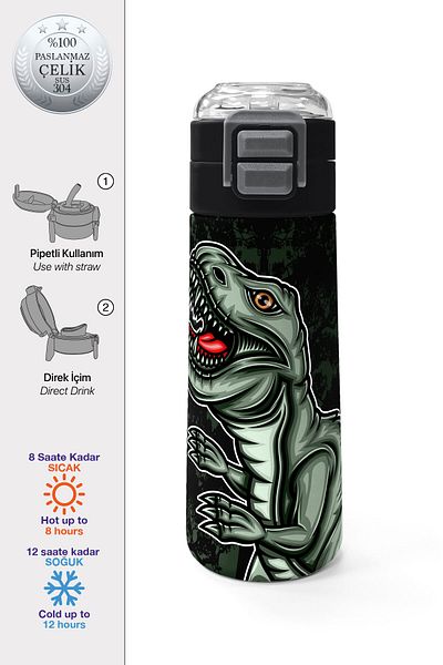 Coral High Kids Dark Green Black Dinosaur Patterned Steel Thermos with Straw and Direct Drinking 500 ml 31934