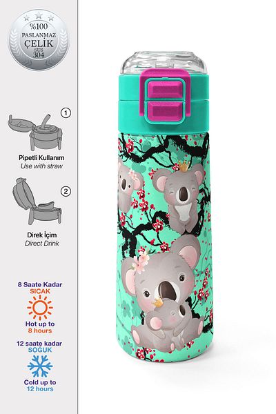 Coral High Kids Water Green Koala Patterned Steel Thermos with Straw and Direct Drinking 500 ml 31927