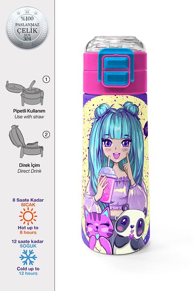 Coral High Kids Purple Pink Anime Girl Patterned Straw and Direct Drinking Steel Thermos 500 ml 31942