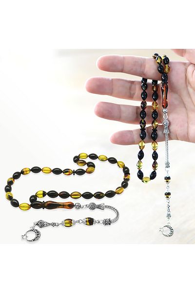 Tesbihane خرز صلاة من العنبر الأسود المقاوم للتشوه من Ayyıldız مزين بشراشيب معدنية