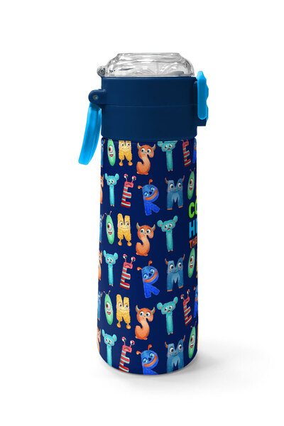 Coral High Kids Navy Blue Neon Yellow Patterned Steel Thermos with Straw and Direct Drinking 500 ml 31935