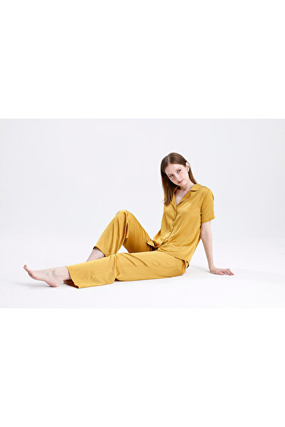 Laperissa Women's Short Sleeve Front Button Lycra Mustard Color Summer Pajama Set