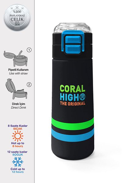 Coral High Kids Black Straw and Direct Drinking Steel Thermos 500 ml 31929
