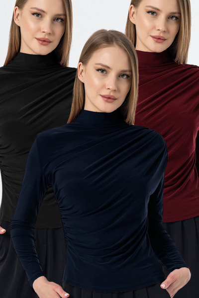 VODENS Bluză Sandy pentru femei, negru, bleumarin, roșu claret, 3 piese, cu g...