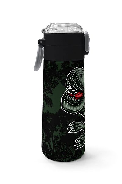 Coral High Kids Dark Green Black Dinosaur Patterned Steel Thermos with Straw and Direct Drinking 500 ml 31934