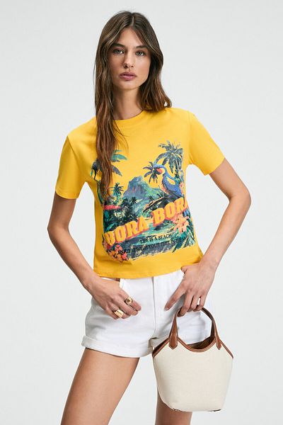 GRIMELANGE Melvessa Women's 100% Cotton Print Detailed Regular Fit Crew Neck Yellow T-Shirt
