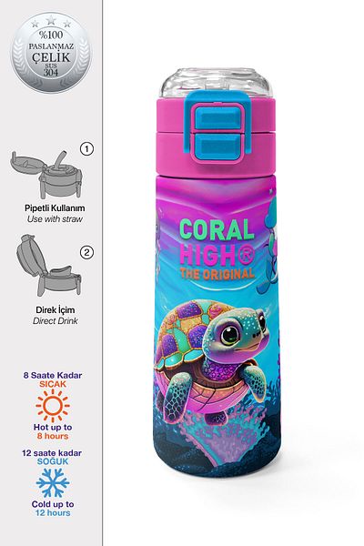 Coral High Kids Pink Purple Turtle Patterned Steel Thermos with Straw and Direct Drinking 500 ml 31957