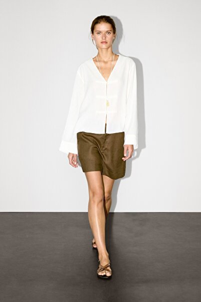 Massimo Dutti Dökümlü keten karışımlı kimono bluz