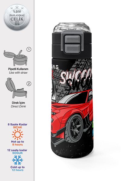 Coral High Kids Black Red Anime Car Patterned Steel Thermos with Straw and Direct Drinking 500 ml 31948