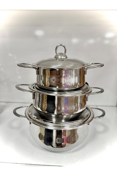 DOWRY STİL Viva Steel 6 Piece Steel Pot Set with Lid 14-16-18 cm Induction Base