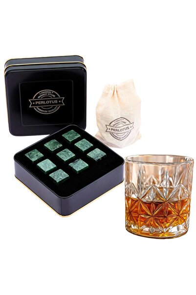 PERLOTUS Mermer Granit 9'lu Metal Kutulu Viski Taşı Ve Viski Bardağı Kadeh Se...