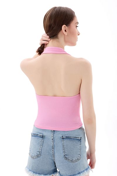 vesantia Candy Pink Halter Neck Μπλούζα με λεπτομέρεια με ρυθμιζόμενο κομμένο