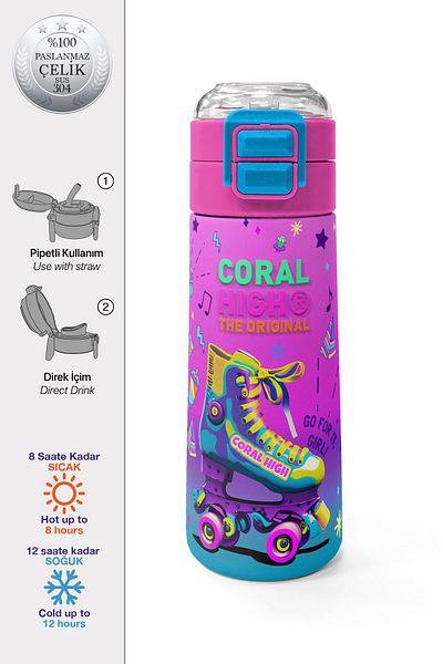 Coral High Kids Pink Turquoise Headphone Skate Patterned Straw and Direct Drinking Steel Thermos 500 ml 31955