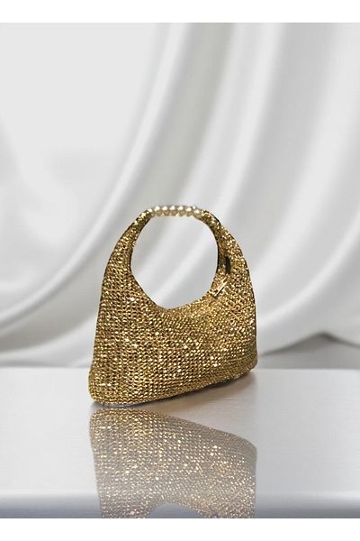 Katusa Women's Gold Metallic Mesh Hand Knitted Pearl and Sparkling Bohemian Handbag