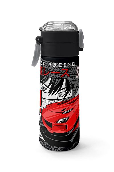 Coral High Kids Black Red Anime Car Patterned Steel Thermos with Straw and Direct Drinking 500 ml 31948