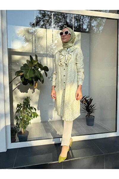 MissWhence Πράσινο λινό μακρύ πουκάμισο με μεταξωτό σχέδιο - Λεπτομέρεια με βολάν