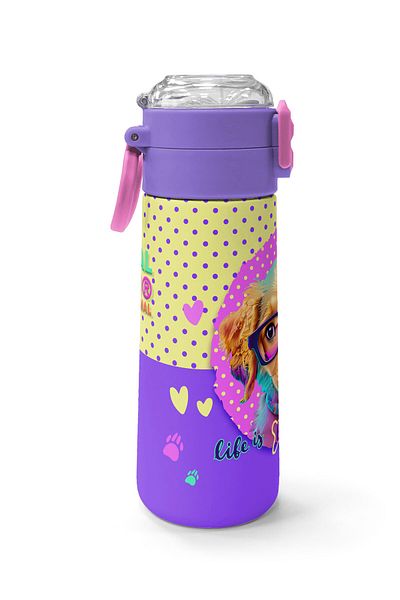 Coral High Kids Yellow Pink Cute Dog Patterned Steel Thermos with Straw and Direct Drinking 500 ml 31953