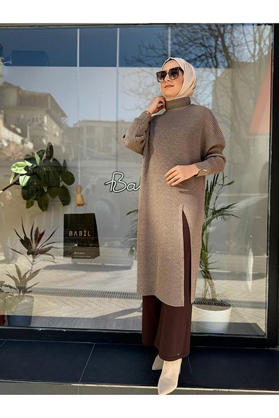 Invee سترة نسائية طويلة ذات ياقة صيد السمك وفتحة جانبية باللون البيج الداكن