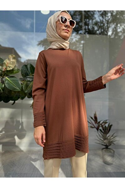 Invee Etek Ucu Lastik Şeritli Triko Kadın Tunik Tarçın