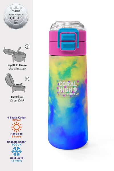 Coral High Kids Colorful Tie Dye Patterned Straw and Direct Drinking Steel Thermos 500 ml 31958